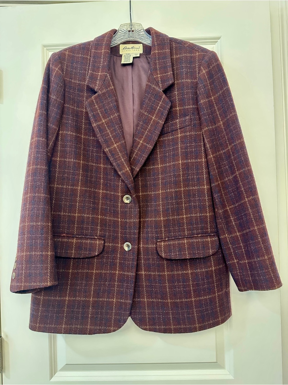 Eddie Bauer Women's Plum Plaid Wool Blazer Jacket Size M 100% wool